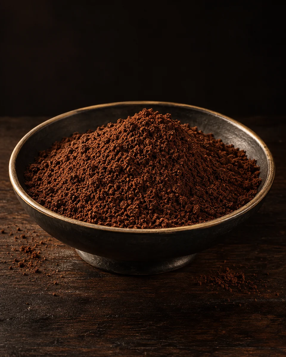 Photorealistic ground filter coffee in a dark ceramic bowl