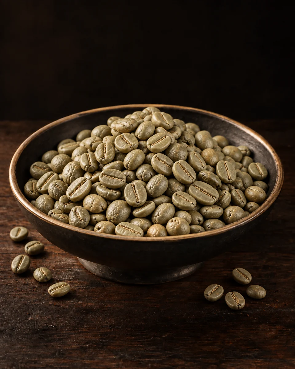 Photorealistic unroasted green coffee beans in a dark ceramic bowl