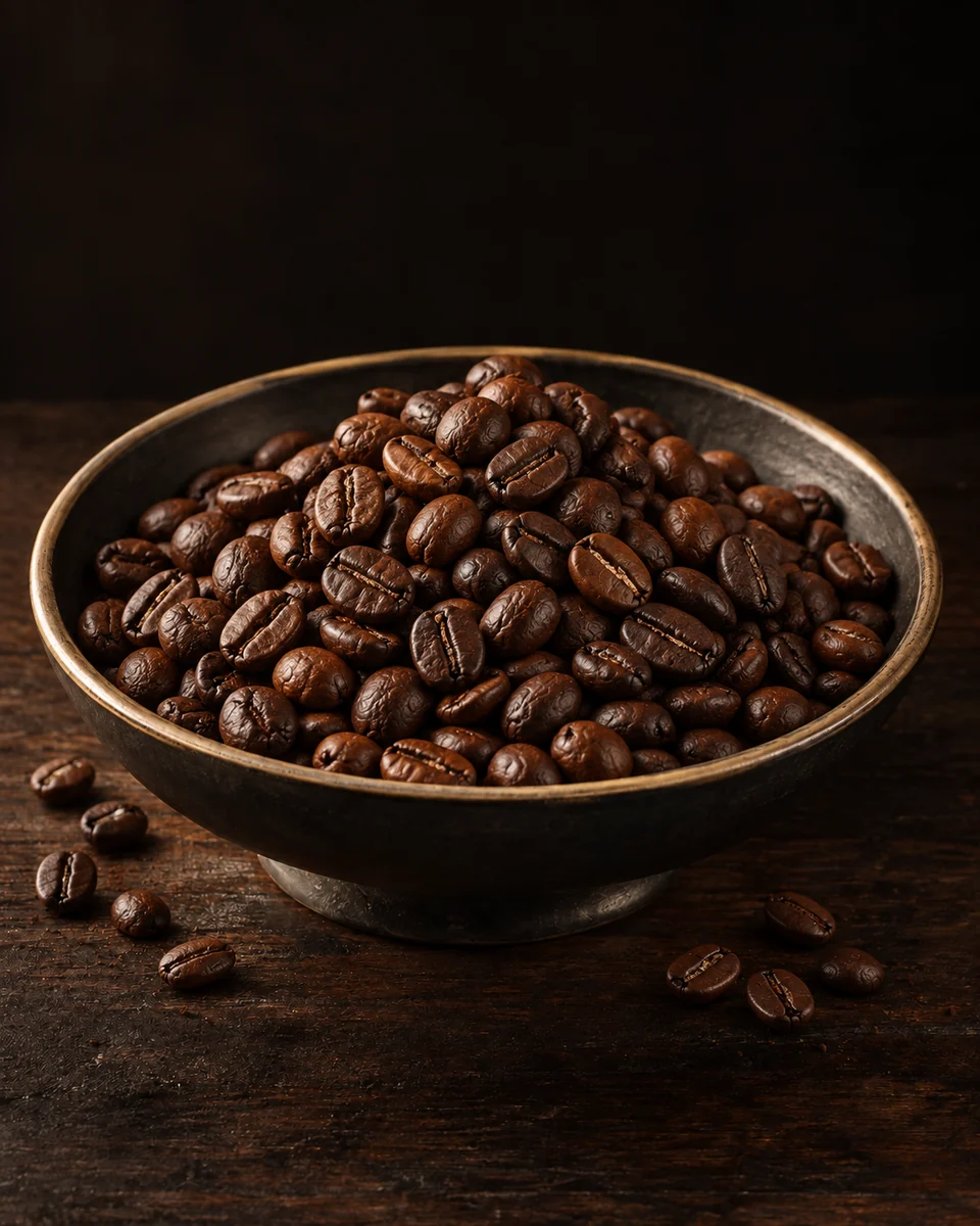 Photorealistic roasted coffee beans in a dark ceramic bowl